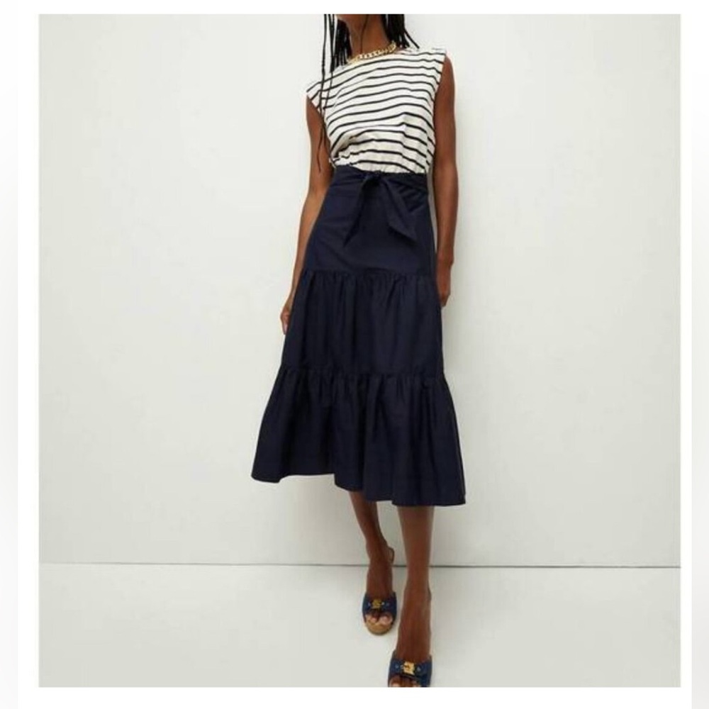 Veronica Beard Pazila Tiered Midi Dress In Navy Blue And White Size XS NWT